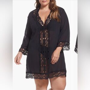 La Blanca Island Fare Black Cotton Tunic Swim CoverUp Crochet LaceV-Neck Boho 2x